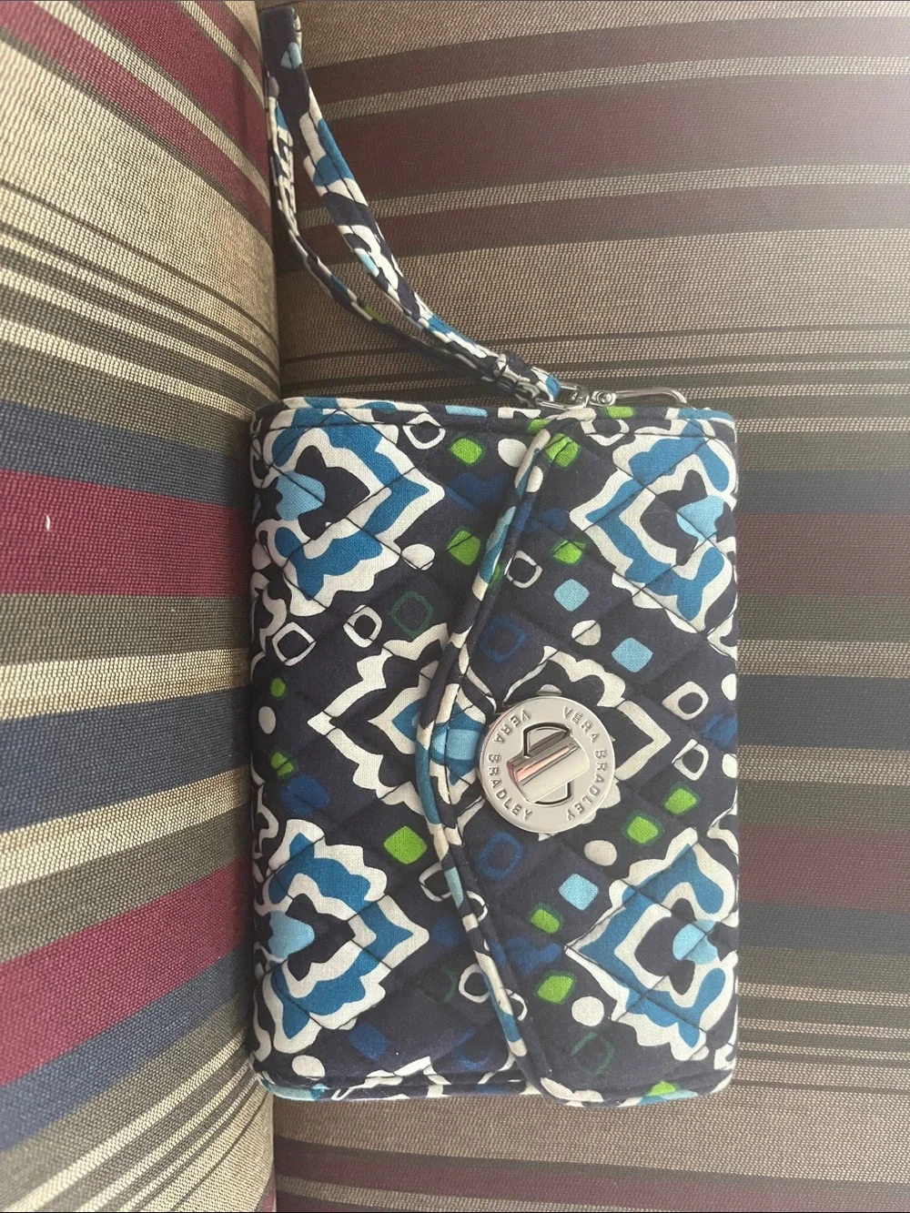 Vera Bradley Navy Blue Green Quilted Turn-Lock Wristlet